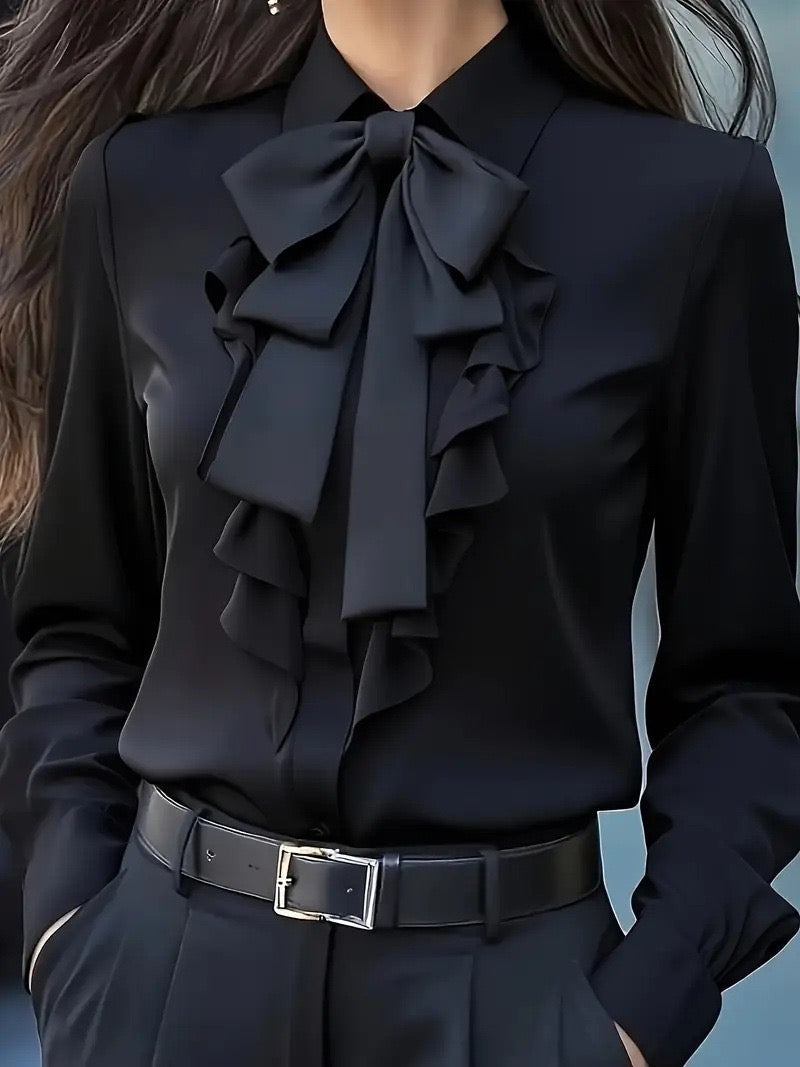 Dwyna - Blusa De Manga Larga Con Botones y Lazo Con Volantes