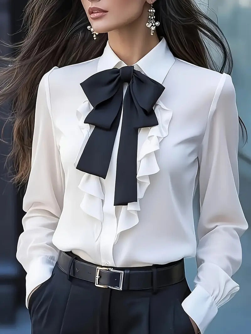 Dwyna - Blusa De Manga Larga Con Botones y Lazo Con Volantes