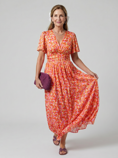 Juna | Vestido midi con estampado de florecitas y manga corta