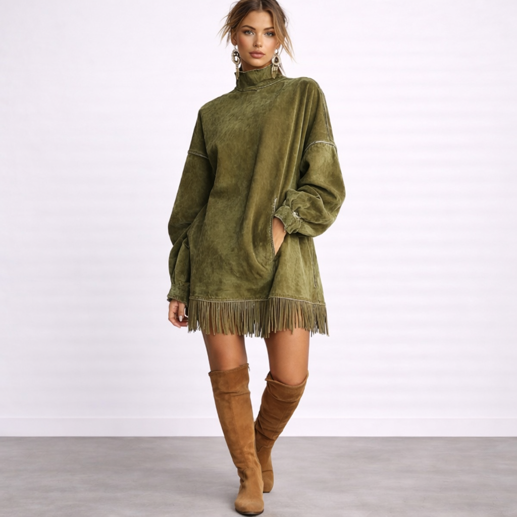 Asela - Vestido De Ante Con Cuello Alto