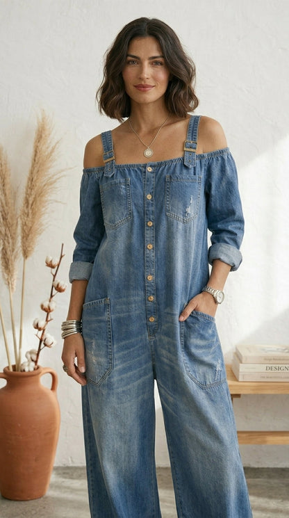 | Ruth  Mono Azul Off Shoulder Pernera Ancha