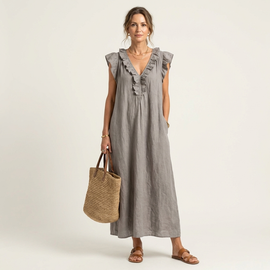 Maria| Robe longue en lin avec col en V et volants