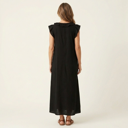 Maria| Vestido largo de lino con cuello en V y volantes