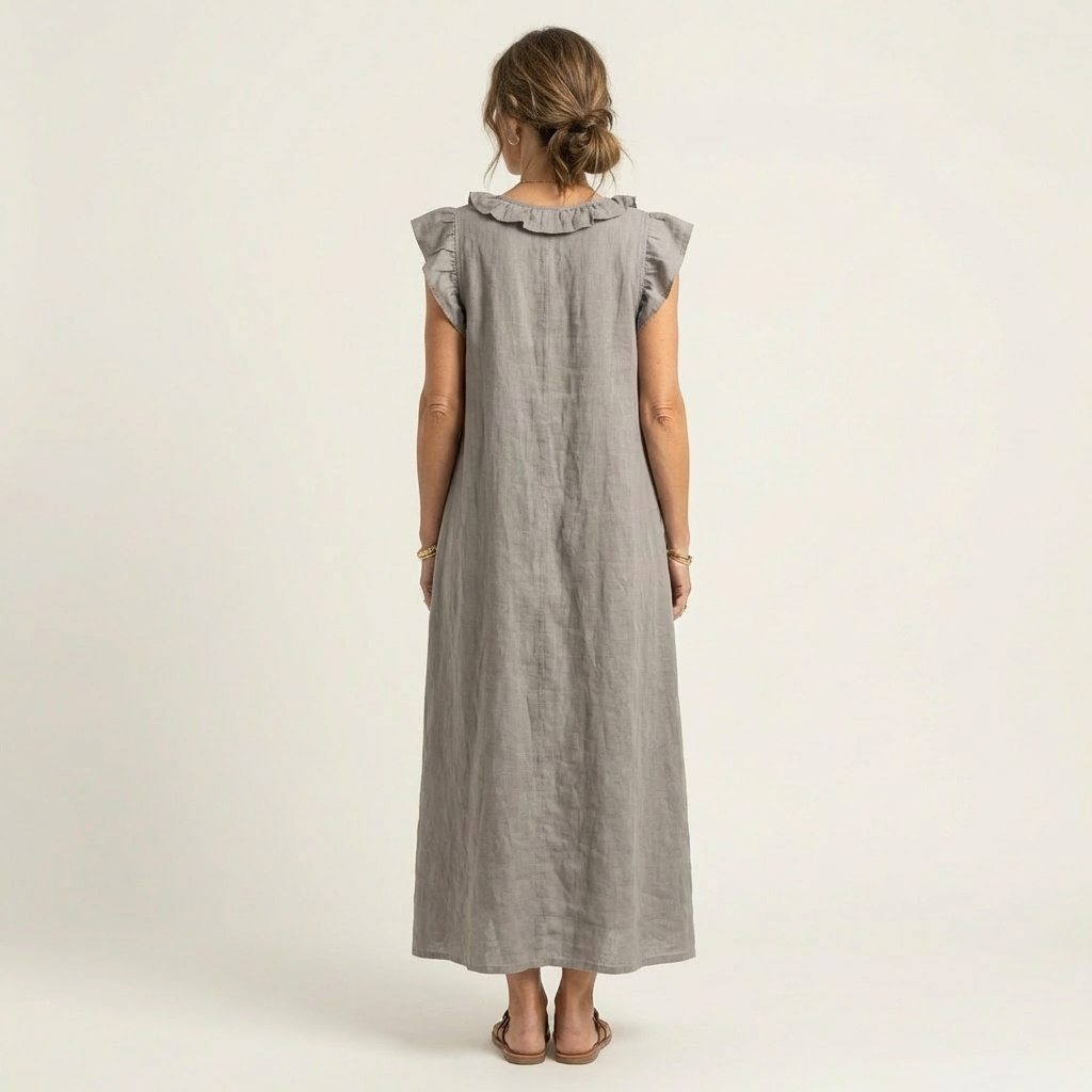 Maria| Vestido largo de lino con cuello en V y volantes