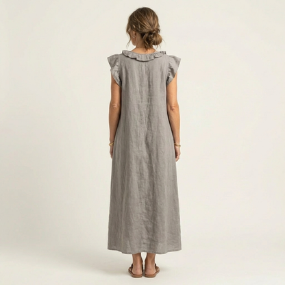 Maria| Vestido largo de lino con cuello en V y volantes