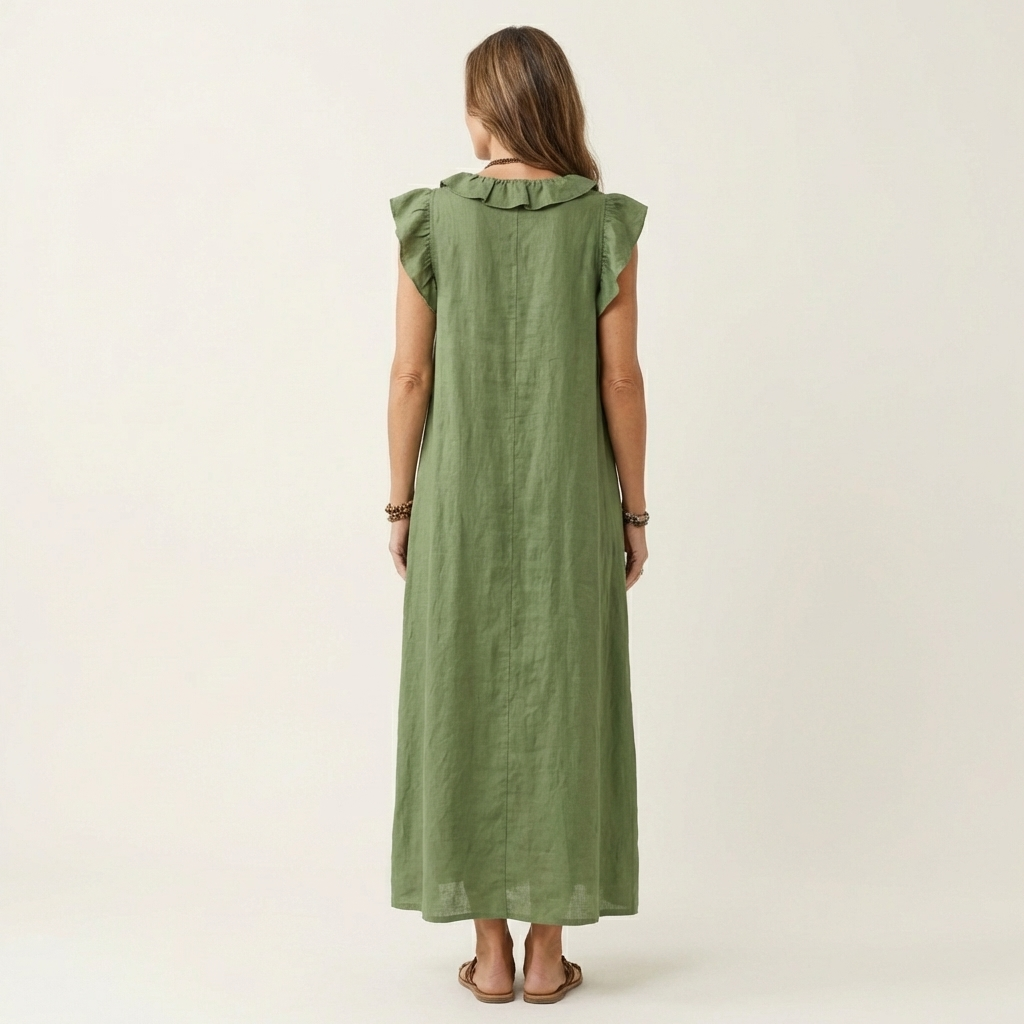 Maria| Vestido largo de lino con cuello en V y volantes