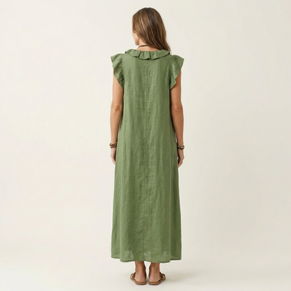 Maria| Vestido largo de lino con cuello en V y volantes