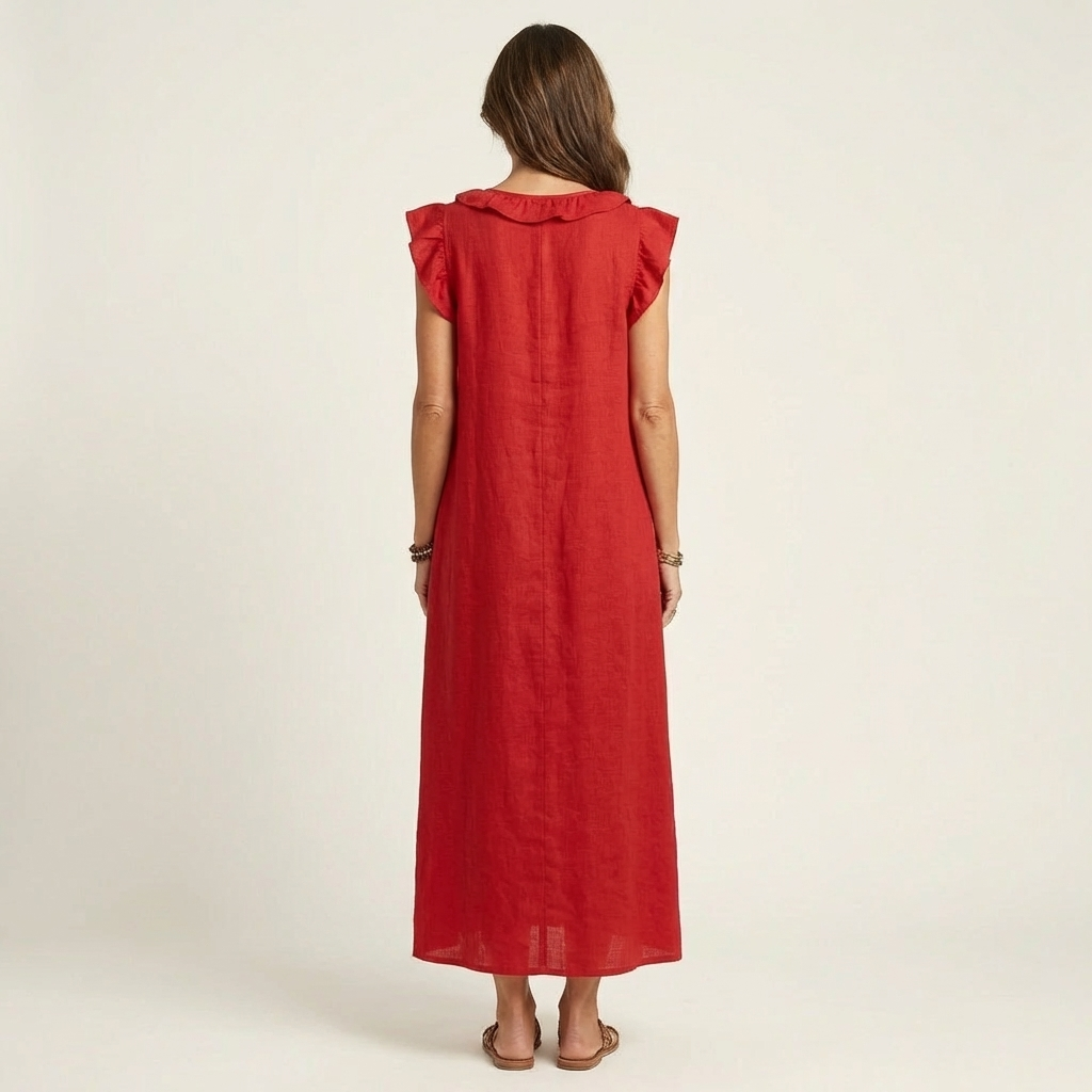 Maria| Vestido largo de lino con cuello en V y volantes