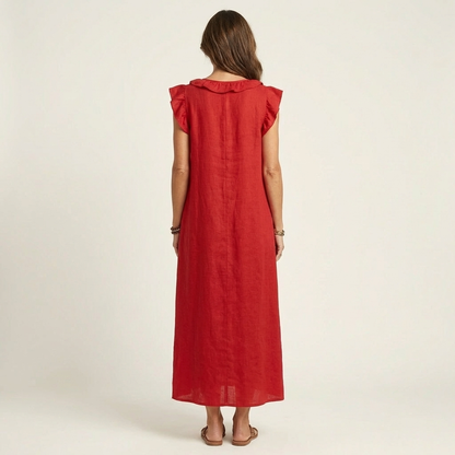 Maria| Vestido largo de lino con cuello en V y volantes