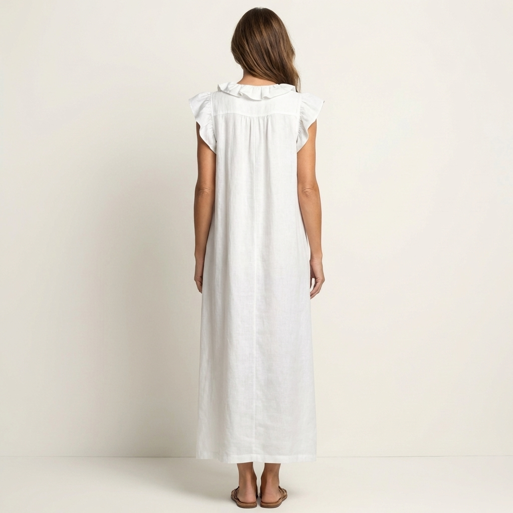 Maria| Vestido largo de lino con cuello en V y volantes