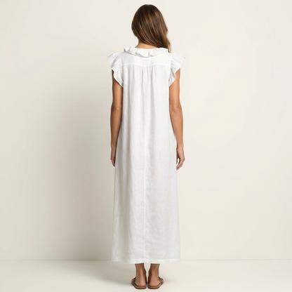 Maria| Vestido largo de lino con cuello en V y volantes