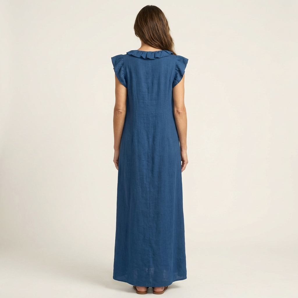 Maria| Vestido largo de lino con cuello en V y volantes
