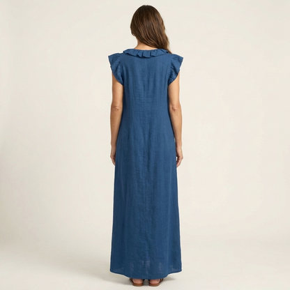 Maria| Vestido largo de lino con cuello en V y volantes