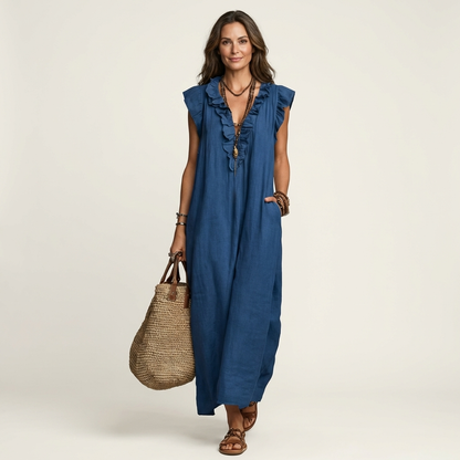 Maria| Vestido largo de lino con cuello en V y volantes